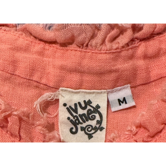 Ivy Jane Coral Orange Linen Boho Shirt Raw Edge Collar Long Sleeve Medium - Picture 9 of 11